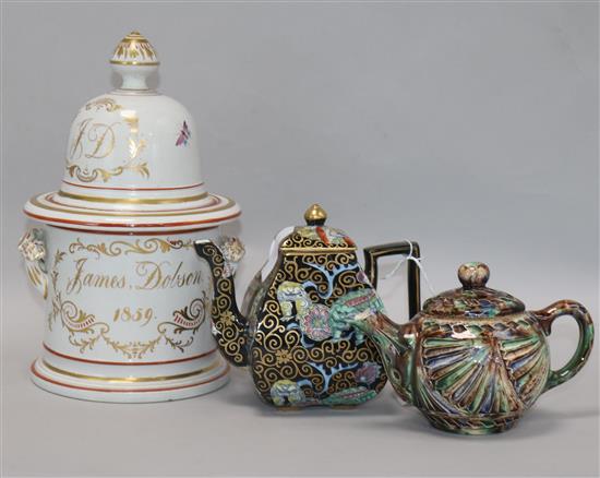 An Ashworth Chinoiserie teapot and Majolica teapot and tobacco jar tobacco jar height 24cm